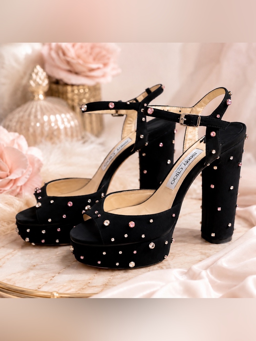 Jimmy Choo Black Suede Rhinestone Heels Platform Ankle Strap Pink Crystal